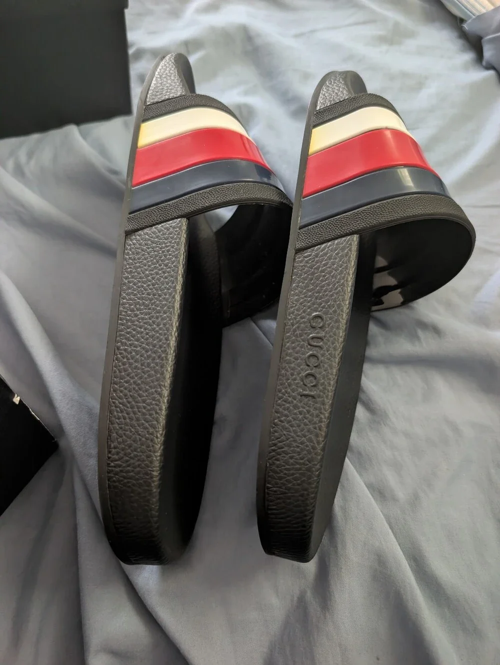 Gucci Men’s Black Slide Sandals with Red White And Blue Stripe